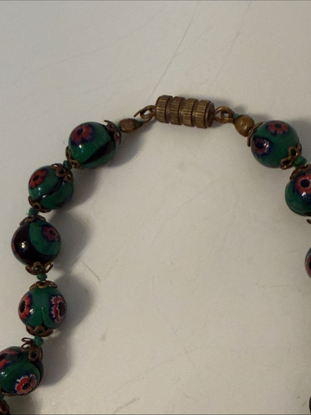 VINTAGE GREEN MURANO OR VENETIAN MILLEFIORI GLASS BEADS NECKLACE EYE FLORAL 17” - Picture 10 of 11